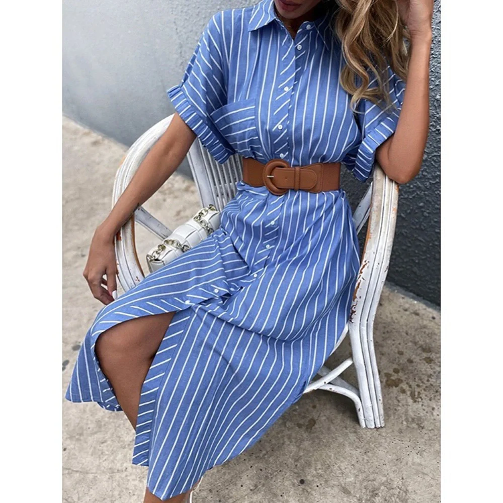 π BLUE WHITE STRIPE COLLARD SHIRT MAXI DRESS! - Picture 1 of 11